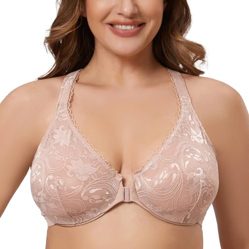 MELENECA Reggiseno da Donna Non Foderato in Pizzo con Ferretto e Chiusura Frontale Beige 3G