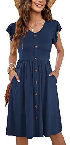 MOLERANI Women Summer Dresses Ruffle Sleeve V Neck Casual Swing Elastic Waist Midi Dress with Pockets Pure Navy Blue L UK16