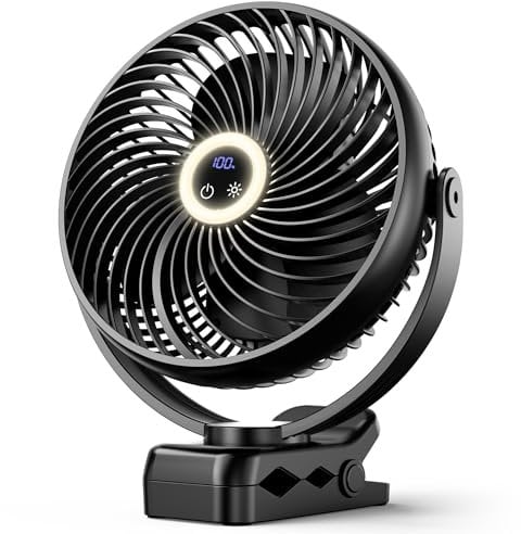 Koonie 20cm Tragbarer Mini Clip Ventilator, USB Tischventilator mit 10000 mAh Akku, Licht, Digitalanzeige, 3 Geschwindigkeiten, Wiederaufladbarer Tischventilator für Zuhause, Büro, Kinderwagen,Camping