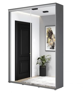 Meble Slupia - ZUZA 2 Garderobenschrank - Kleiderschrank mit Spiegel und Schiebetüren - 150x242x45cm - Kleiderstange Schrank - für Schlafzimmer, Flur - Laminierte Platte, Anthrazit