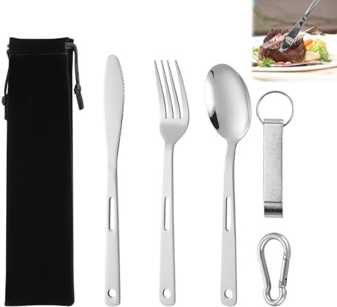 AFASOES 3 Pcs Juego de Cubiertos de Cocina Cubiertos Acero Inoxidable Cubiertos Portatil Con Tenedor, Cuchara, Cuchillo Bolsa de Almacenamiento + Abridor De Botellas, Mosquetón Cubiertos Camping Acero