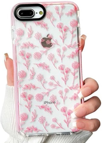 NITITOP Compatible for iPhone 7 Plus / 8 Plus Case Cute Flower Floral Clear for Women Girl Ultra Slim Crystal Shockproof Soft TPU Anti-Yellow Protective Phone Cover - Clear Pink