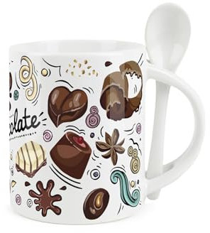 Novelty Hot Chocolate Mug and Spoon Set - Sweet Treats Gifts for Chocolate Lovers - Ceramic White Coffee/Tea Mug with Spoon in Handle
