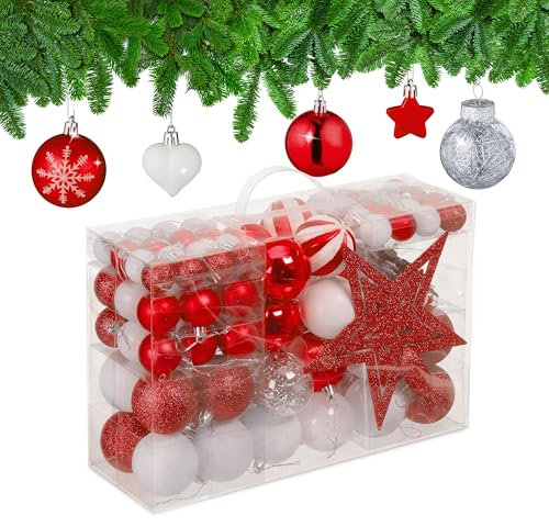 Relaxdays Set 101 Bolas Árbol Navidad, Plástico, Adornos Navideños con Bolitas y Estrella, Decoración, Rojo/Blanco, Varios tamaños