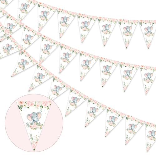 Funmemoir Wimpelkette mit Elefantenmotiv, rosa Elefant, Babyparty, Dekoration, vorbespannt, für Mädchen, Elefanten-Thema, Geburtstagsparty, It's a Girl, Babyparty-Zubehör, 3 Stück