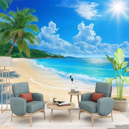 Exotic Island Palm Trees Photo Mural- 400 x 280 cm Non-Woven Premium Fleece Wall Wallpaper- Beautiful Tropical Beach Bedroom Living Room Decoration Poster