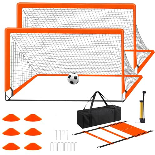 2er Set Fußballtor inkl mit,Faltbares Tragbares Fussballtore,Tragetasche und Zubehör,Mit Transporttasche und Ballpumpe Zielscheibe 180 * 120cm(6x4 Fuß),Orange