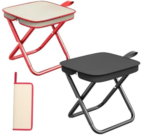 TAIZER Sgabello Pieghevole,2 pezzi Sgabello Pieghevole Portatile,Sedia Pieghevole Portatile,Sgabello da Campeggio in Metallo con Capacità di Carico di 80 kg (nero + rosso)