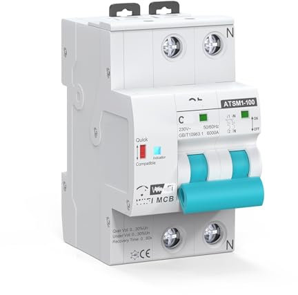 IONQXIDLD Disjoncteur 2P at-C-SCB, Interrupteur Intelligent Automatique contrôlé par minuterie, 10A, 16A, 20A, 32A, 40A, 63A, 80A, 100A(16A)