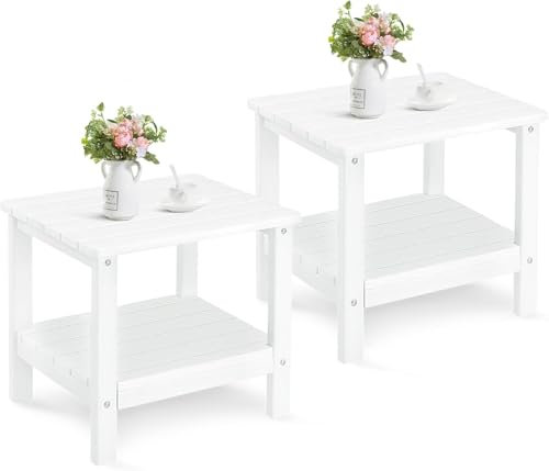 UDPATIO 2er Set Kunststoff Beistelltisch mit 2 Ebenen,Gartentisch,Balkontisch Wetterfest for Kleiner Balkon,Terrasse,Garten,48x40x45CM,Weiß