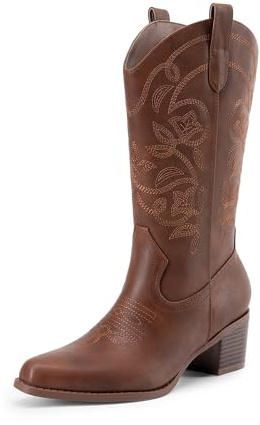 DREAM PAIRS Cowboy Boots for Women Cowgirl Western Boots Fashion Embroidery Stitched Chunky Heel Mid Calf Boots,Size 9,Brown-Pu,DWUMMB2504