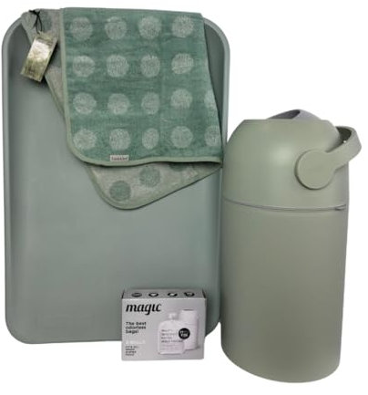 KEMMLIT SET - LEANDER Wickelauflage & Topper, KEMMLIT Windeleimer Nino inkl. 45 Müllbeutel (sage green)