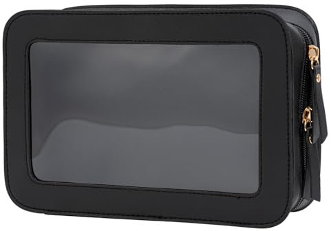 Make up Bags for Women, Clear Makeup Bag Travel Toiletries Bag, Waterproof Flat Lay Makeup Bag, Makeup Organiser Bag Car Essentials with Double Zippers (Black)