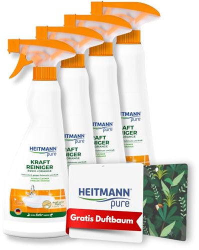 HEITMANN pure Kraftreiniger Essig + Orange | Reiniger-Spray gegen Schmutz, Seifenreste & Kalk in Küche & Bad | Ideal für Armaturen & Oberflächen | 4 x 500 ml + GRATIS Duftbaum