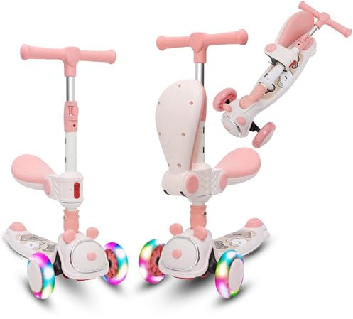 Habib Gruppe Kinderroller Tretroller - 2-in-1 Faltbarer Scooter mit Sitz, LED Rädern, Verstellbar & Leicht (1-12 Jahre) - Sicher & Robust - Pink