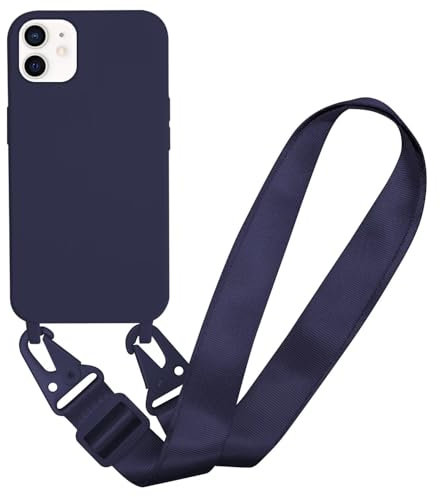 MBSLFY Case Compatible with iPhone 12 Mini, Liquid Silicone Protective Phone Case with Strap Adjustable Neck Cord Necklace Soft Cover for iPhone 12 Mini, Navy blue