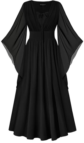 SCARLET DARKNESS Women Renaissance Dress High Waist 3/4 Bell Sleeves Slit Front Medieval Maxi Dresses Black S