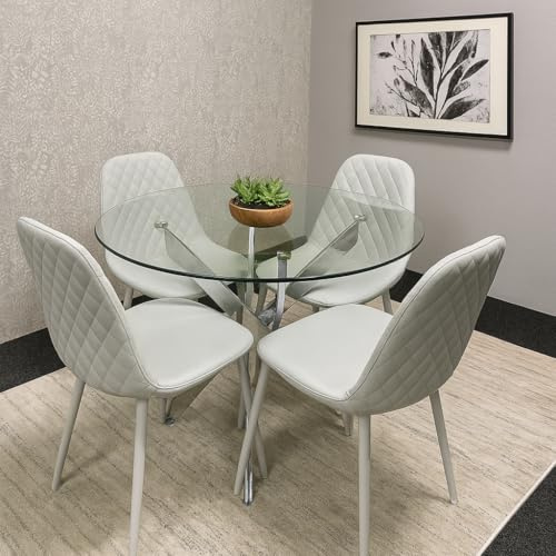 KOSY KOALA Round Glass Dining Table and 4 Grey Colour leather Chairs