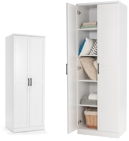 KOMFOTTEU Mehrzweckschrank mit Doppeltür, Aufbewahrungsschrank Hochschrank Holz mit verstellbaren Einlegeböden, Haushaltsschrank Garderobenschrank 59x43,5x178cm (Weiß) (Weiß)