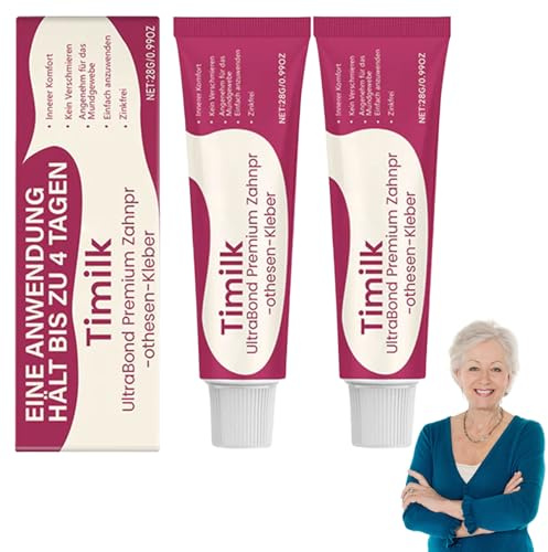 Timilk UltraBond Premium Zahnprothesen-Kleber, Secure Zahnersatz Kleber, Timilk Zahnprothesen Haftgel, Zahnprothesen Creme zur Prothesenanpassung Ganztägiger Halt (2 Stück)