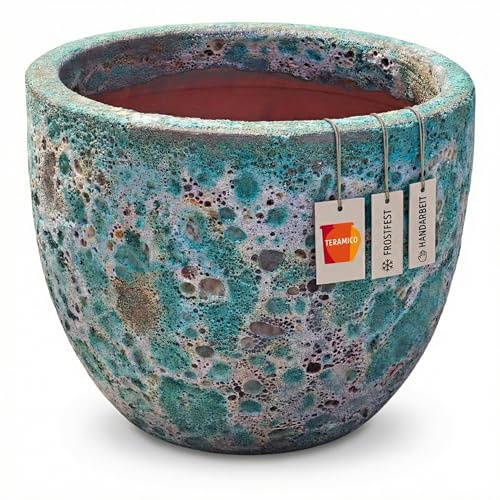 Teramico Pflanzgefäß Keramik rund frostfest (Lava Grün, 38cm x 31cm) | Runder Premium Blumentopf in echter Handarbeit. In vielen Größen & Farben ideal für Garten und Balkon kombinierbar.