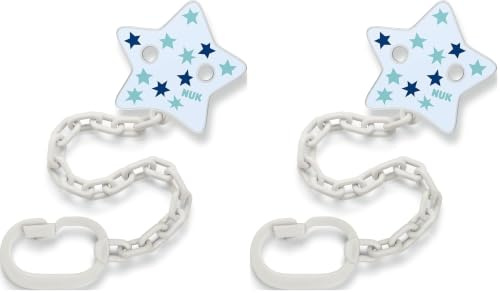 NUK Schnullerkette mit Clip | für Schnuller mit Ring | stabil und bruchsicher | blaue Sterne (Packung mit 2)