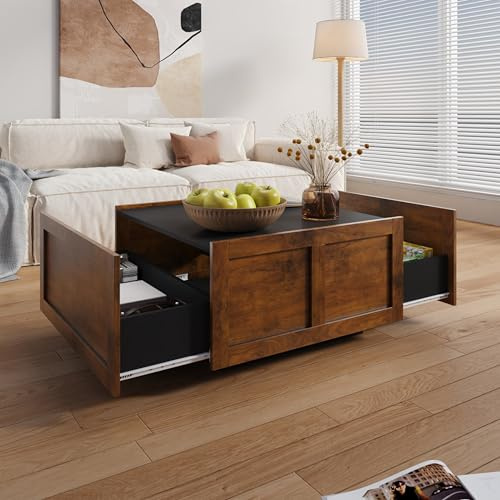 KEEPREAPER Farmhouse Coffee Table with 2 Storage Drawers for Living Room, Square Center Middle Table Modern Cocktail Table, Contemporary MidCentury Wood Home Office Waiting Room (Black Rustic)