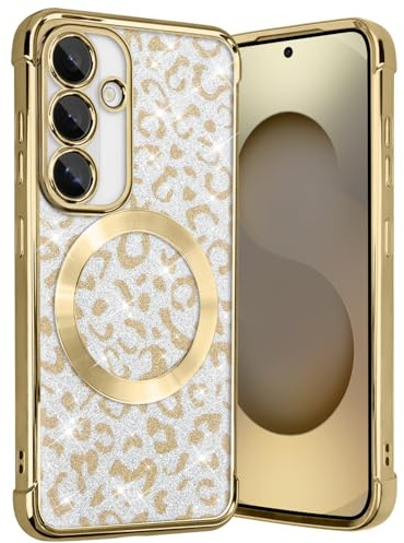 Hülle für Samsung Galaxy S26 Handyhülle Glitzer Leopardenmuster, Magnetisch Handyhülle Kompatibel mit MagSafe, Bling Glitter Schutzhülle Stoßfest Sturzschutz Case für Frauen und Mädchen, Golden