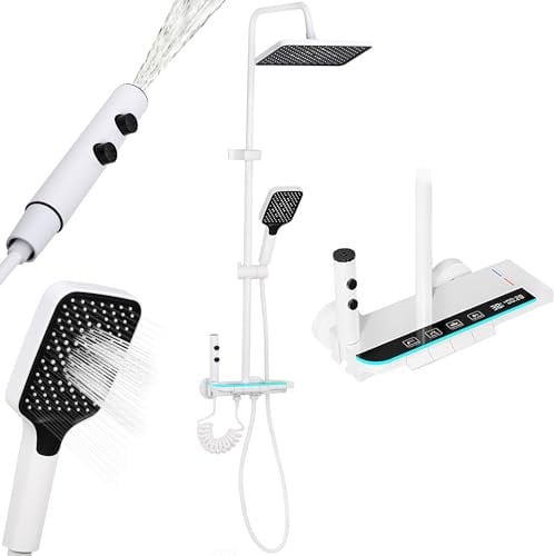 Altaudia Columna de Ducha Termostática con Pantalla LED - 4 Vías Agua (Lluvia 30×20cm, Teleducha, Spray 3 Modos, Chorro) Material Inox/ABS, Izq. Caliente/Der. Fría, Altura Regulable (Blanco)