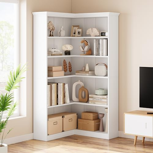 Thaookte Bücherregal Eckregal Standregal Mit 5 Ebenen Büroregal, l-Förmiges Aufbewahrungsregal DVD-Regal Offene Ablagen Für Büro, Wohnzimmer, Schlafzimmer, Küche, 90x90x185cm