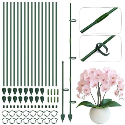 TZEKING 16 Pezzi Supporto per Piante 6.3mm x 30cm – Tutori in Fibra di Vetro Resistenti con Aste di Collegamento, Picchetti & Clip – Ideale per Orchidee, Monstera – Resistente agli Agenti Atmosferici