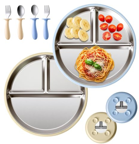 Sweetone 2 Platos infantiles con ventosa, de acero inoxidable antideslizante, con 2 tenedores y 2 cucharas, aptos para lavavajillas, ideales para la alimentación independiente del bebé