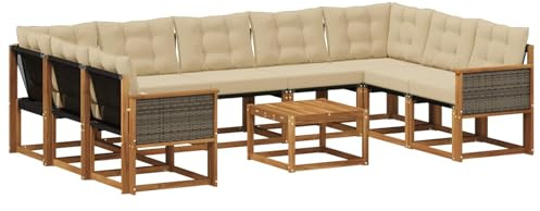 vidaXL Outdoor-Sofagarnitur mit Kissen 10 pcs Natur und Beige, Moderne Gartenmöbel, Akazienholz-Sofa, Textilene-Rücken, strapazierfähige Sitzmöbel, Bequeme Liegeplätze