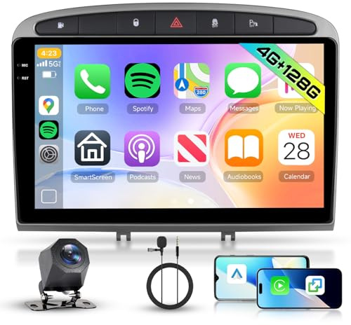 Hodozzy 4G+128G Android Autoradio per Peugeot 308 408 2007-2015 con Wireless Carplay Android Auto, 9 Pollici InCell Touch Schermo 2 Din Autoradio con GPS Bluetooth DSP WiFi, Radio FM RDS, Telecamera