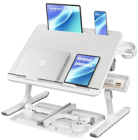 SONGMICS Table de Lit, Bureau Pliable, Plateau 56 x 40 cm, Hauteur Réglable | Support pour Ordinateur Portable, Inclinaison Continue à 120°, Porte-Gobelet, Gris, Collection ISLAND LLD113GZ01