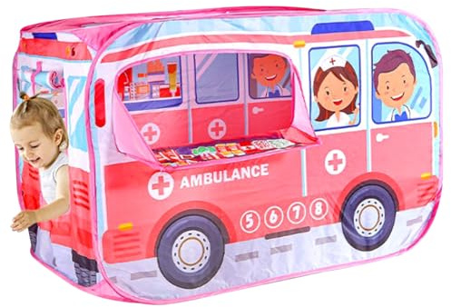 Perodlly Kids Play Tent Pops-Up Vehicle-Shape Kids Play Tent with Door Flip & Top Opening Car Toddler Playhouse with Wire Frame for Girls Boys (Ambulance)..