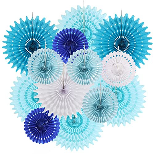SUNBEAUTY 15 Stücke Papier Fächer Hängend Papiergirlande Blau und Weiß deko für Geburtstag, Hochzeiten, Baby Shower, Party Dekoration