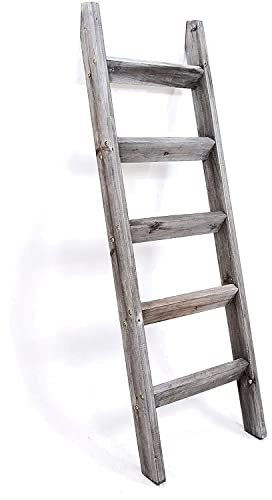 Hallops Blanket Ladder 5-tier Farmhouse Rustic Wood, Premium Decorative Wooden Rack for Living Room, Bedroom - 5ft. Grey