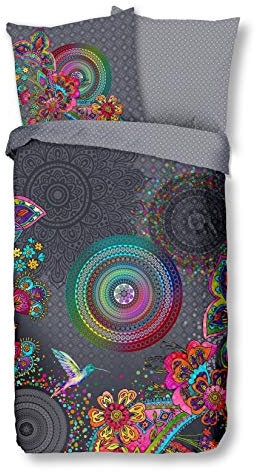 Traumschloss Comfort Flanell Bettwäsche »Finna«, Bunte Mandalas mit Vogel und Blumen, grau, 135x200 & 80x80, 100% Baumwolle, wärmend & kuschelig, mit Reißverschluss bestehend aus Kissen und Bettbezug