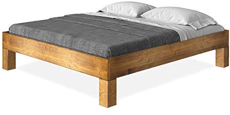 CURBY Massivholzbett Holzbett Doppelbett 4-Fuß-Bett ohne Kopfteil aus massiver THERMO -Fichte, hochwertige Verarbeitung, einfacher Aufbau, Made in Germany, 140 x 200 cm, vintage, Standardhöhe