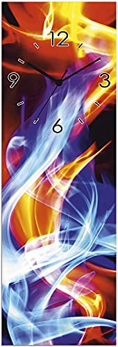 ARTLAND Wanddeko Wanduhr ohne Tickgeräusche Glas Funk Uhr 20x60 cm Rechteckig Lautlos Abstrakte Bilder Flammen Modern Kunst Orange Blau U1TC