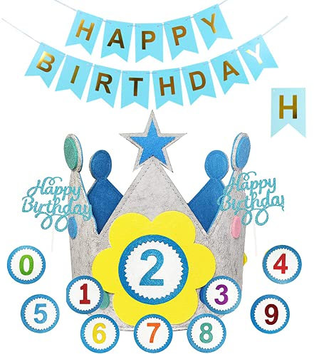 QAQHZW Geburtstagskrone Kinder Krone Basteln Mädchen Happy Birthday Partyhüte Junge Geburtstag Krone Stoff mit Auswechselbaren Zahlen von 0-9 Party Deko Set