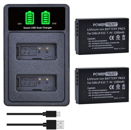 PowerTrust 2 Stück LP-E12 Akkus und Type-C Ladegerät für Canon EOS M 50, M50 Mark II, 100D, EOS M, EOS M2, EOS M10, EOS M100, PowerShot SX70 HS, Rebel SL1, Kiss X7