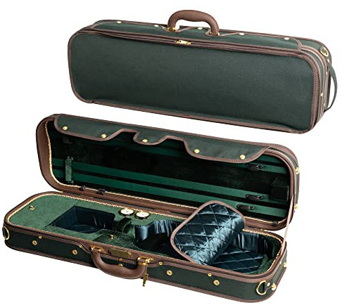MI&VI - Custodia professionale per violino 4/4 (full size), interno in seta di lusso, in legno massello, forma oblunga, 3,1 kg, cinghie regolabili, igrometro, termometro (verde, legno), Verde - Legno,