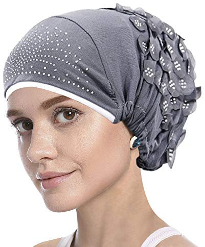 AfinderDE Damen Muslimischen Hijab Kopftuch Schal Turban Muslim Beanie Mütze Elegant Blumen Kopfbedeckung Headwrap Elastic Schlafmütze, Grau, L