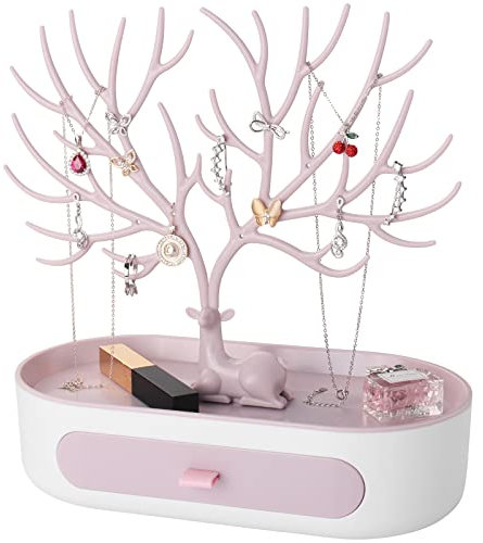 Espositore Gioielli penobon, Porta Orecchini in Plastica con Cassetto , Porta Gioielli di Albero per Collane, Orecchini, Bracciali, Anelli (Rosa + Bianco)