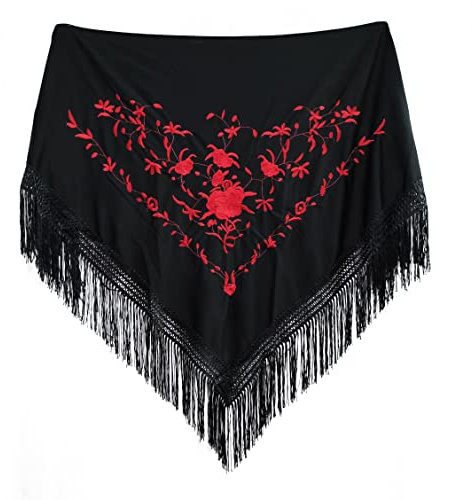 MUNDDY - Manton Flamenco Bordado en Flores Para Adulto, para fiesta de Sevillana de Color Rojo Negro Rosa Blanco Amarillo Azul. Envio desde madrid (Negro-Rojo)