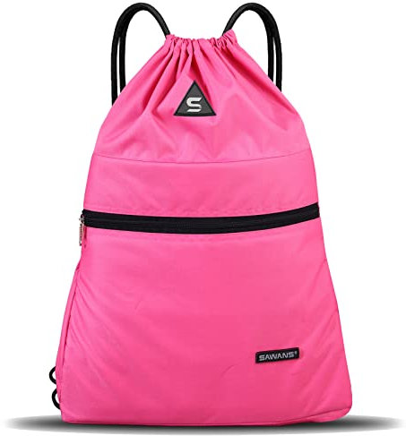 Sac de sport avec cordon de serrage Poche étanche Sac à dos à fermeture éclair pour femme et homme Sac de voyage pour la randonnée, l'école, les étudiants Sac en polyéthylène pour (Rose)