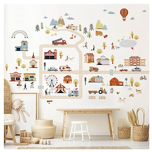 DEKO KINDERZIMMER Wandtattoo Fahrzeuge Straßen Autos Wandsticker für Kinderzimmer Transporte Babyzimmer Wanddeko Wohnzimmer Wandaufkleber DK1001-4