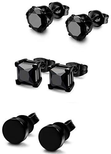 JeryWe 3 paar Schwarzer Ohrstecker Set für Herren Damen Runde Zirkonia edelstahl ohrstecker (6mm)